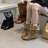 Retro pointed strap western cowboy boots women's new inner height increase versatile soft leather with skirt boots