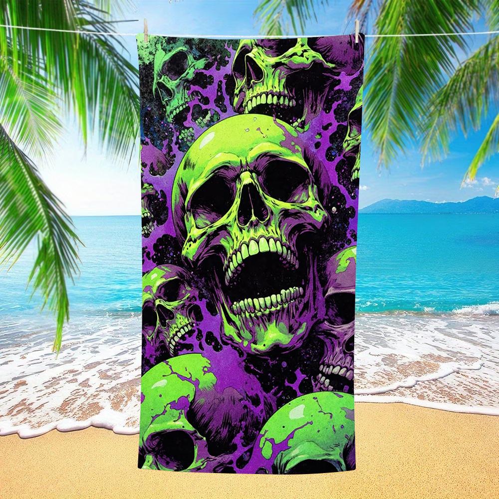 Neon Green Purple Skull Splash Art Beach Towel Soft Towel For Beach Trip Holiday Swimming Pool Spa Gym Punk Style Outdoor Use