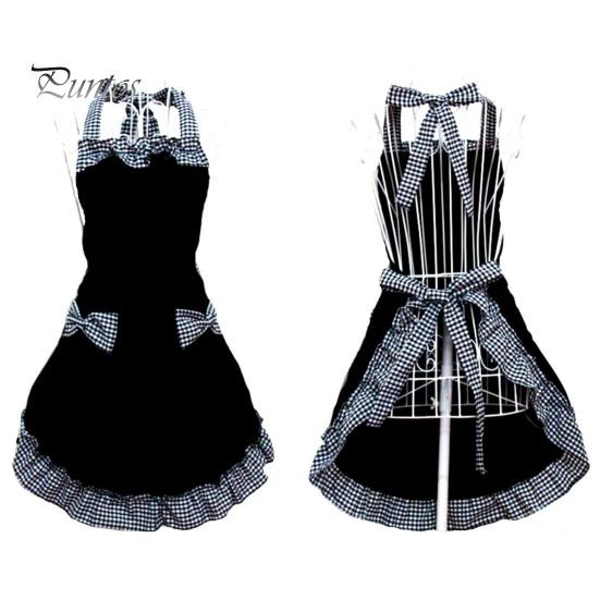 Women Cute Bowknot Decor Pocket Apron Plaid Print Splicing Adjustable Lace-up Kitchen Flirty Apron Mother Day Gift