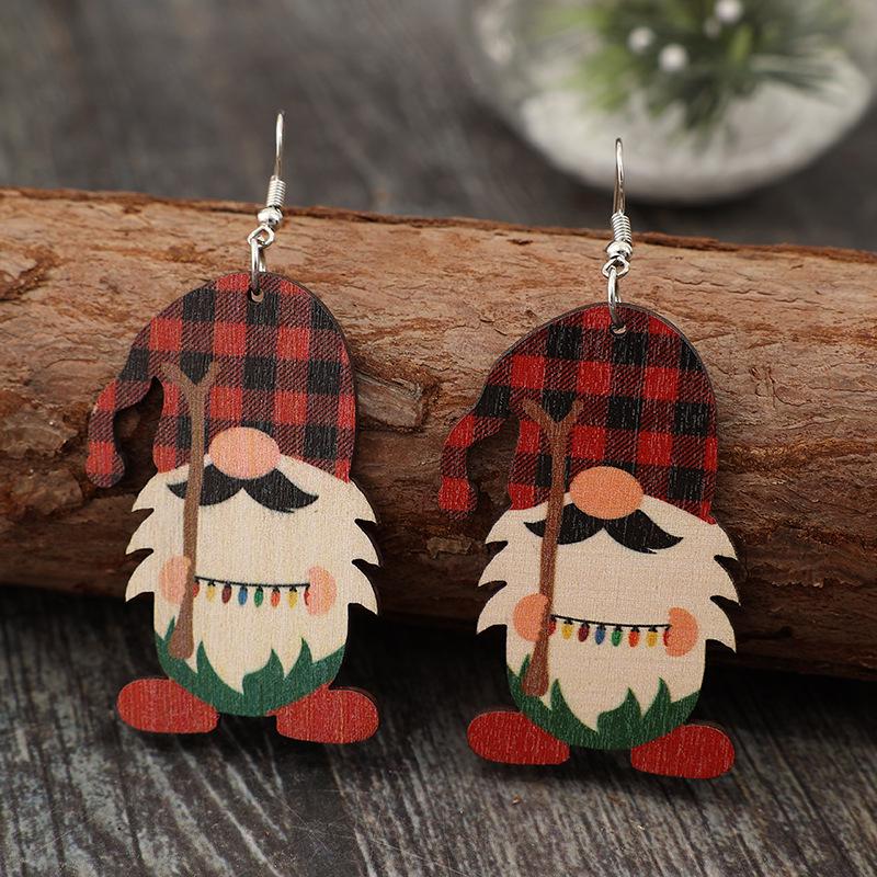 Festive Santa Plaid Hat Retro Wooden Earrings