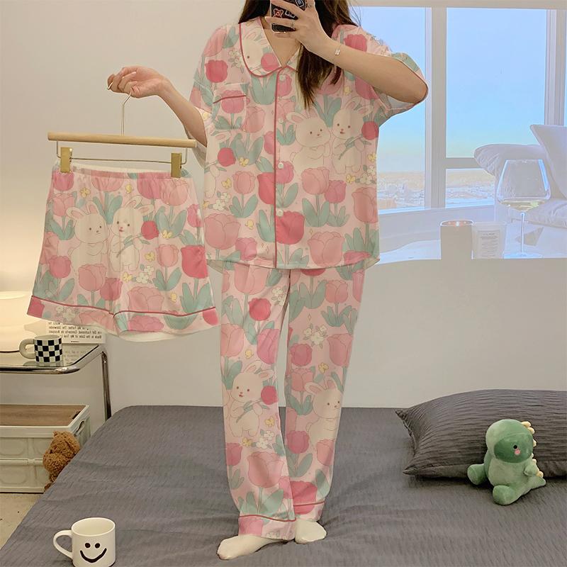 

Летний комплект из трех частей Пижама Женский ледяной шелк 2023 Новинка