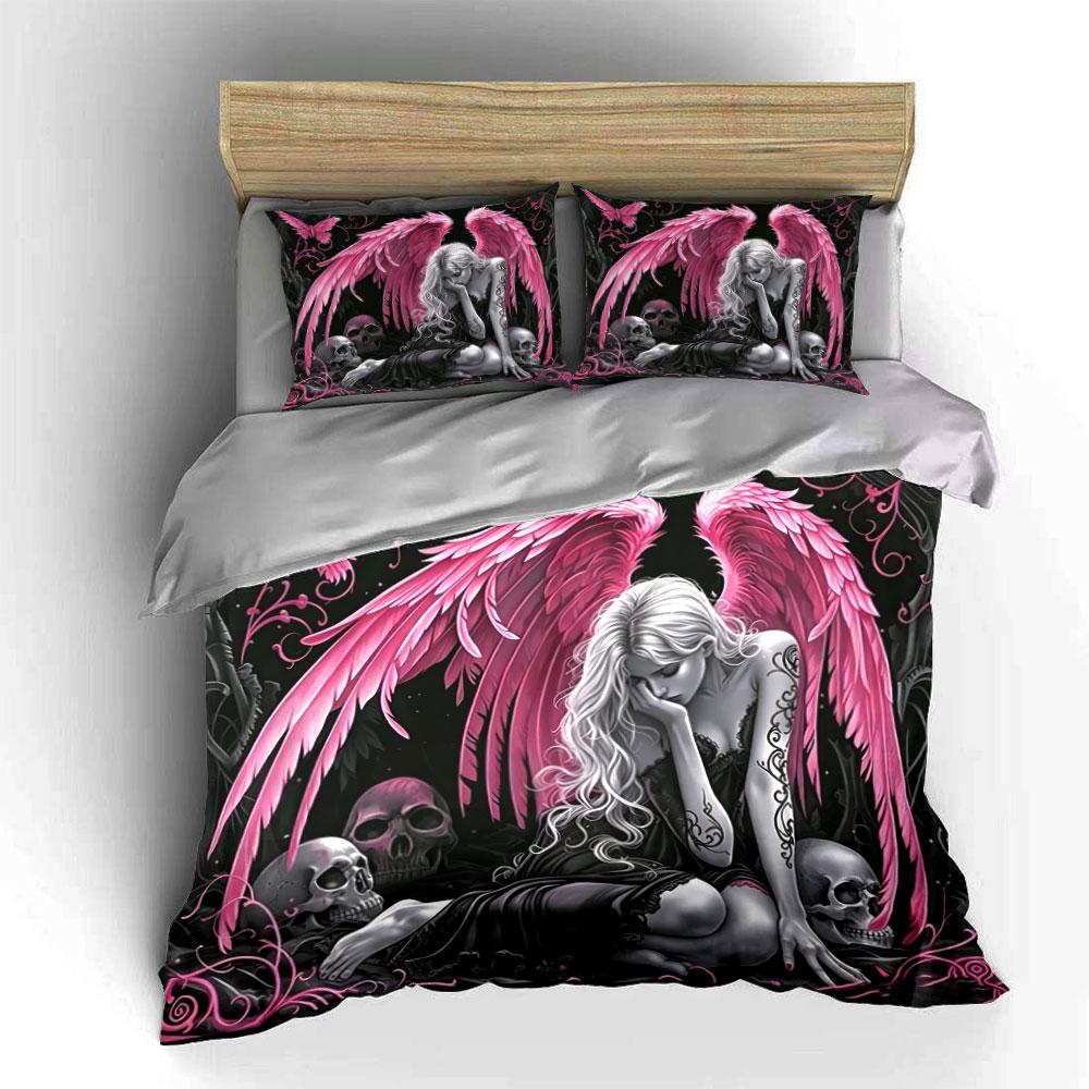 Gothic Pink Angel & Skulls Bedding Set 3pcs, Dark Fantasy Art Duvet Cover,Aesthetic Bed Linen for Teen Girls Bedroom,Home Decor