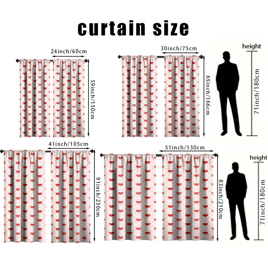 2PCS rice bottom grid red heart curtain, simple and sweet style, bedroom and living room, decoration, pull rod pocket decoration