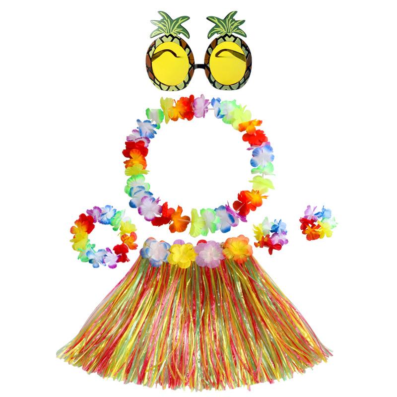 6pcs Set 30CM Single-layer Grass Skirt Wreath Pineapple Glasses Festival Party Atmosphere Performance Outfit Combination Set