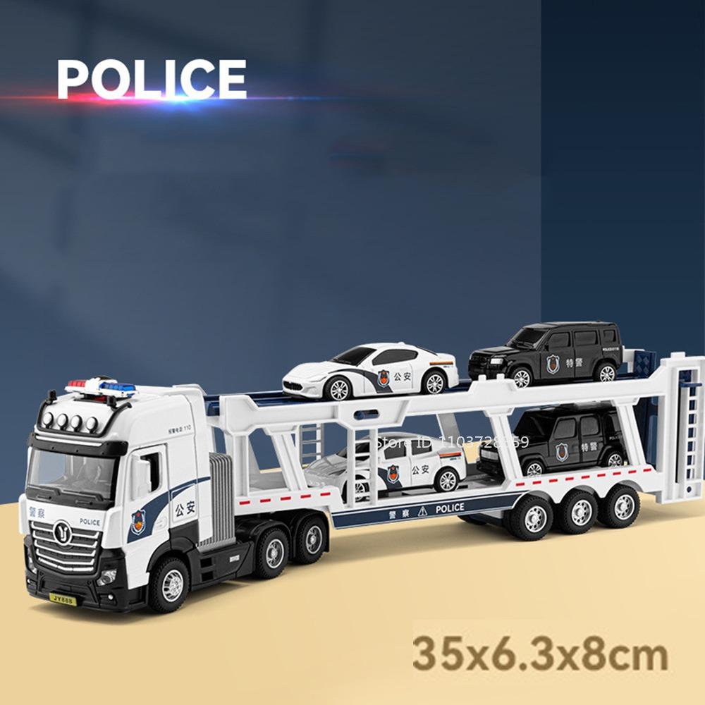 1:50 Politie Trekker Trailer Model Speelgoed Metaal Diecast Vuilnis Techniek Voertuigen Geluid Licht Deuren Openen Terugtrekken Jongens Cadeaus