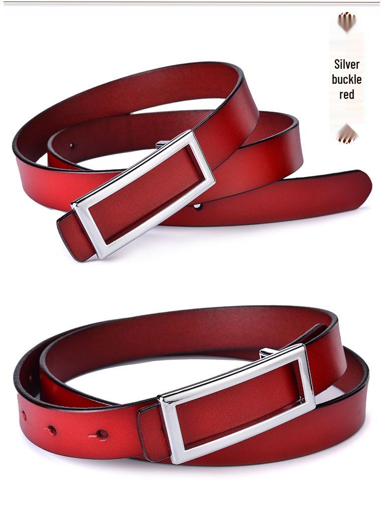 Cinturón de cintura rectangular de cuero genuino para mujer con hebilla lisa - Cinturón versátil casual de piel de vaca para pantalones
