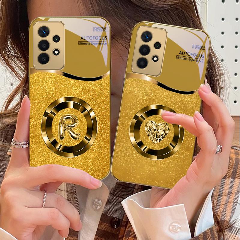 Brilliant golden ring For Samsung A 01 52S A04 A05S A10 A12 A13 22 23 24 36 42 M02 Note 10 20Ultra 8 9 Golden glass phone case