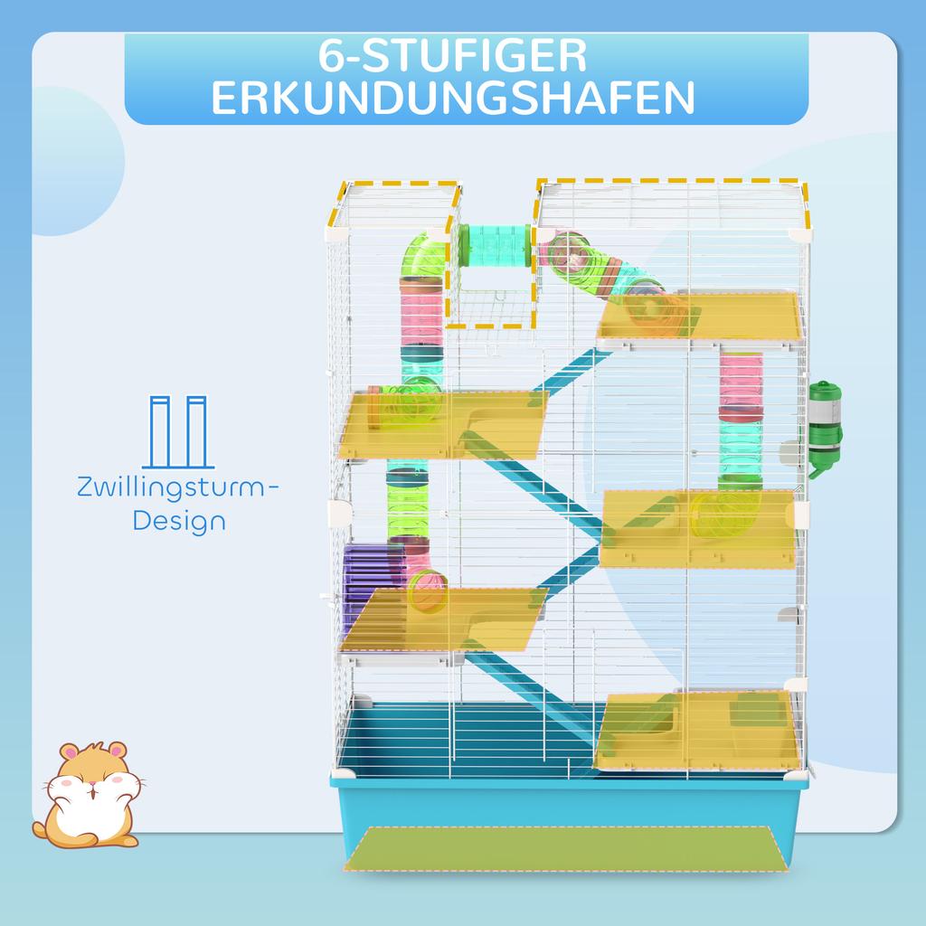 6 Tier Hamster Cage, Small Animal Cage with Tubes, Exercise Wheel, Ramps, Hut, Food Dish, Water Bottle, Light Blue