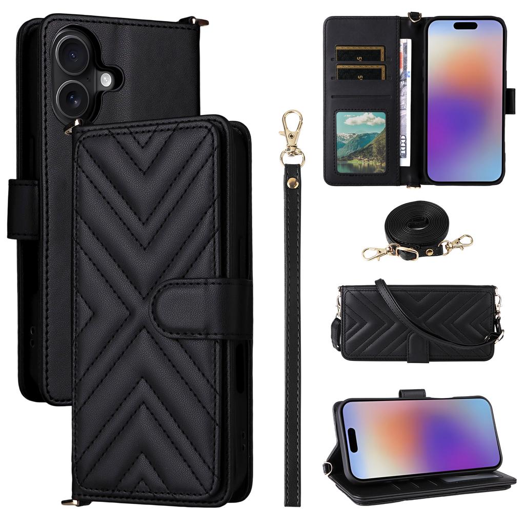 For iPhone 17 Case with Shoulder/Wrist Strap Leather Phone Cover Stand Wallet