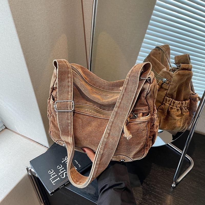 Women's bag new messenger bag women's large-capacity washed denim bag multi-compartment shoulder bag
