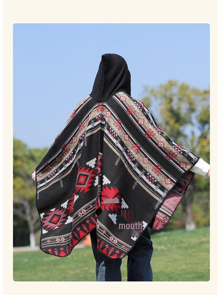 Ethnic Hooded Cape Shawl - Unisex Warm Travel Outerwear Cloak