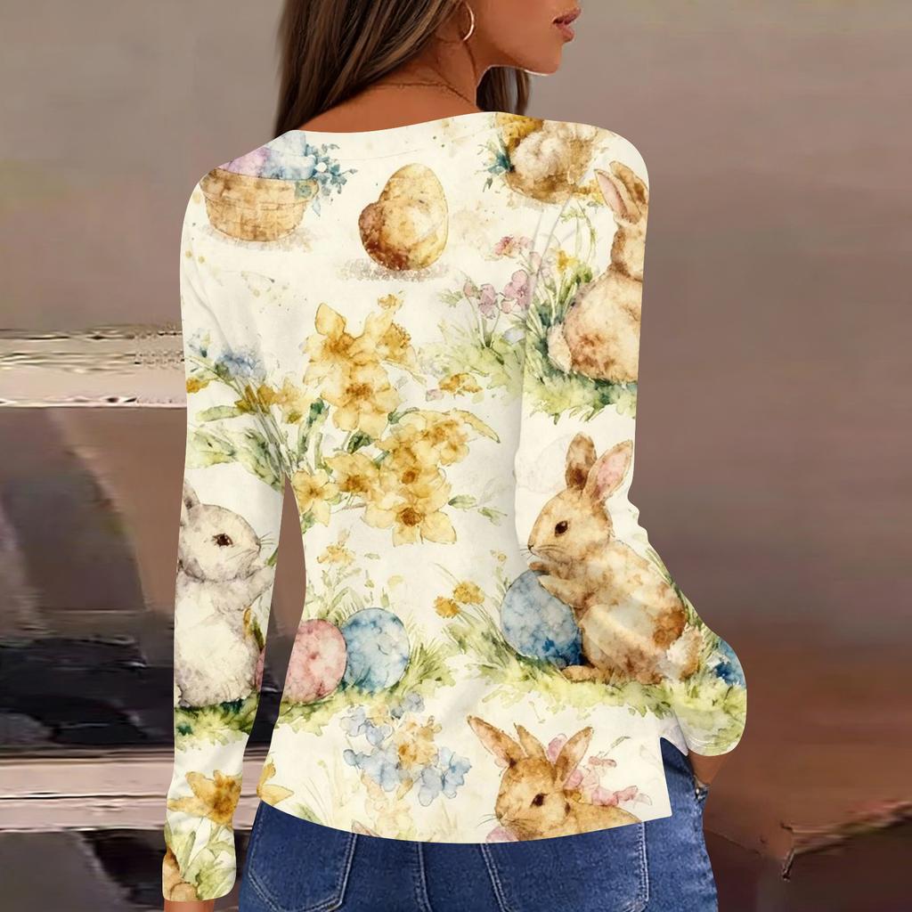 Women's Fashion Casual Slit Hem Round Neck Long Sleeve Loose Printed T-Shirt Ladies Top