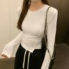 Round Neck White Long Sleeve Irregular T-shirt Women New Autumn Spice Girl High Waist Short Slim-fit Base Top