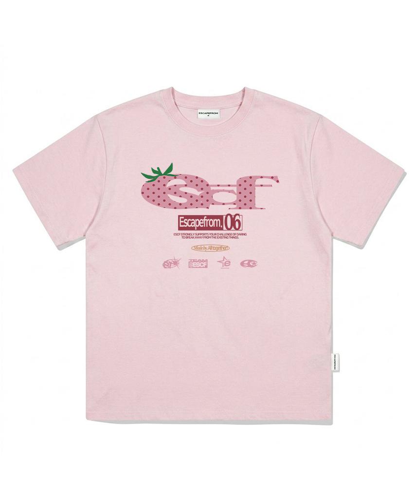 ESCAPEFROM Strawberry Dot Escf Logo Collage Print Oversized Short Sleeve T-Shirt Pink