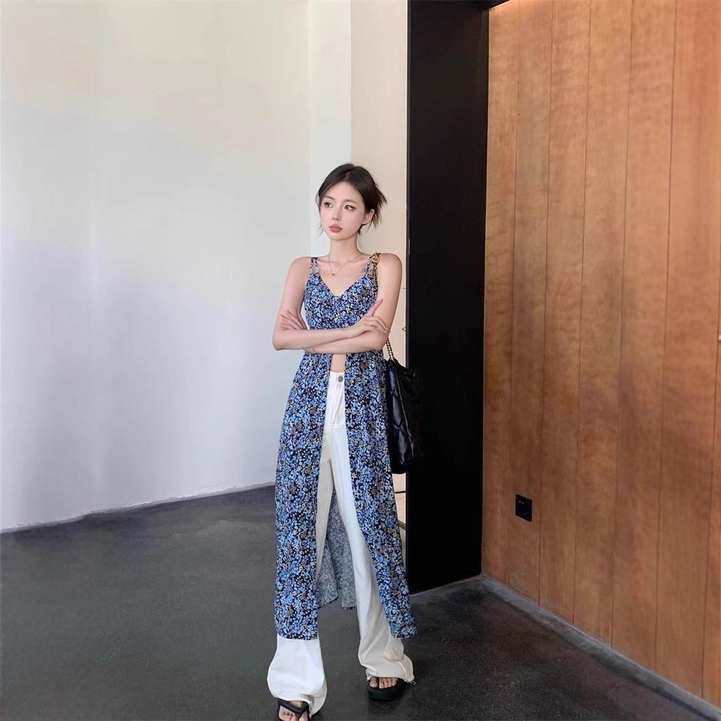 French Floral V-neck Suspender Dress Women's Summer Sweet Babe Skirt Blue Retro Temperament Split-ended Long Dress