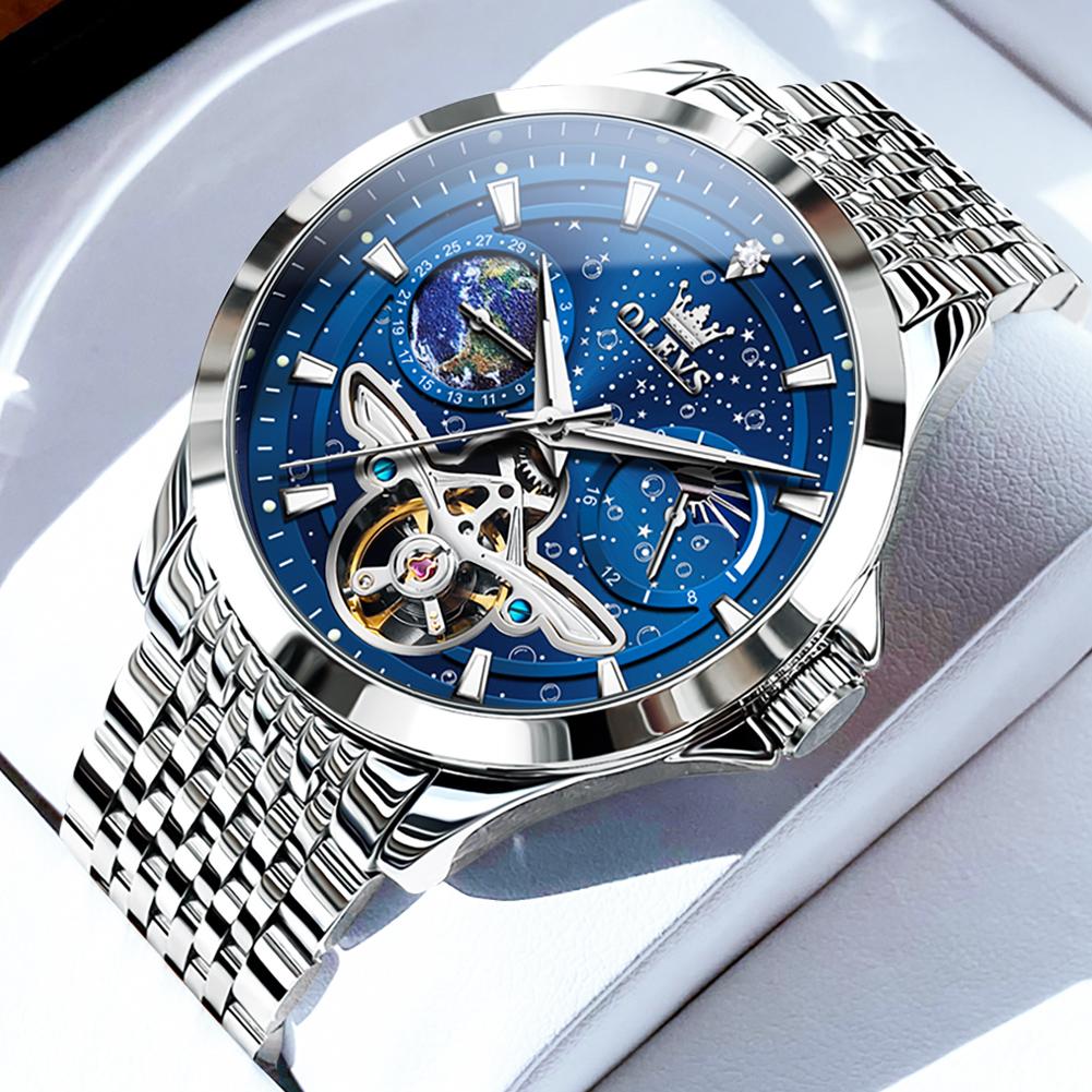 OLEVS Luxury Men Automatic Mechanical Watch Starry Sky Blue Dial Tourbillon Hollow Wristwatch Stainless Steel Waterproof Watch