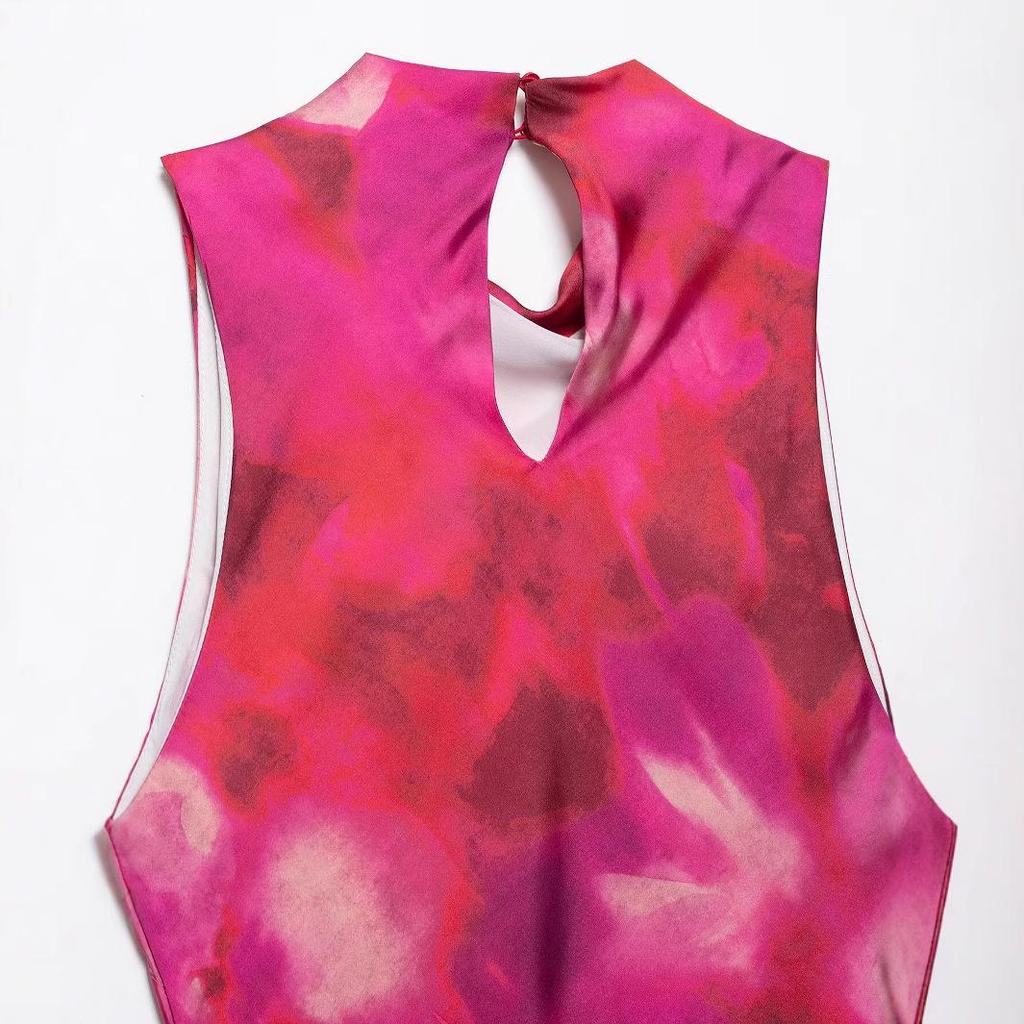 2025 Spring Women's Slim Fit European Satin Print Midi Dress