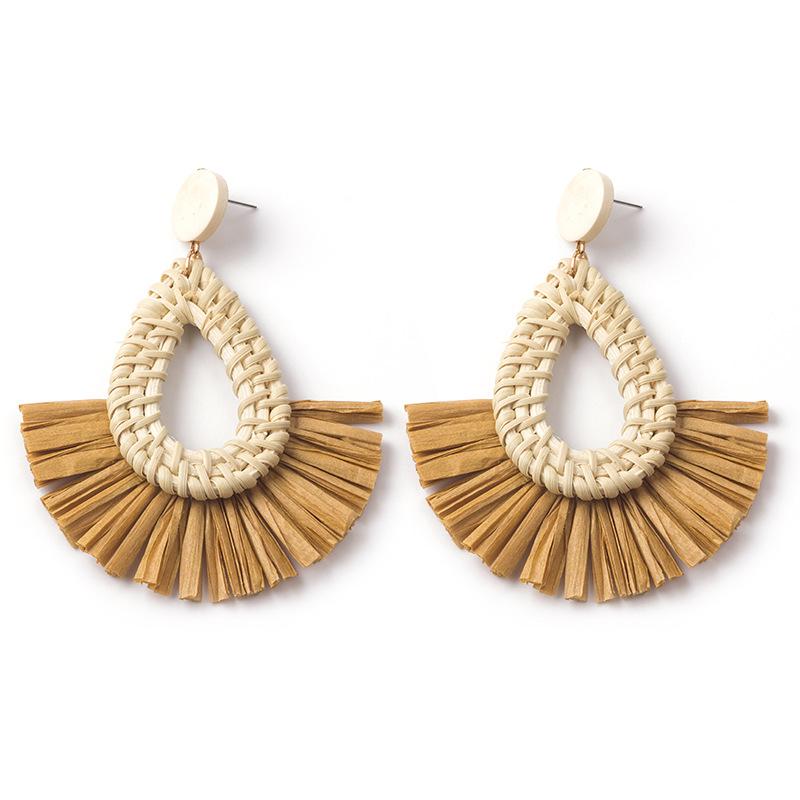 Hand-Woven Geometric Rattan Raffia Earrings, Retro Resort Fan Stud Earrings, Earrings For Women