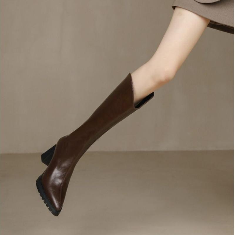 Мода 2024 Новые Осенне-зимние Женские Сапоги Молния Высокий каблук Простые Задняя молния — фото 4