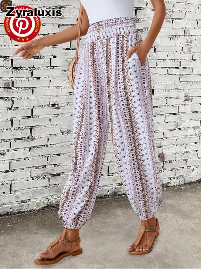 Ethnic Pattern Printed Pants Bohemian High Waist Long Trousers