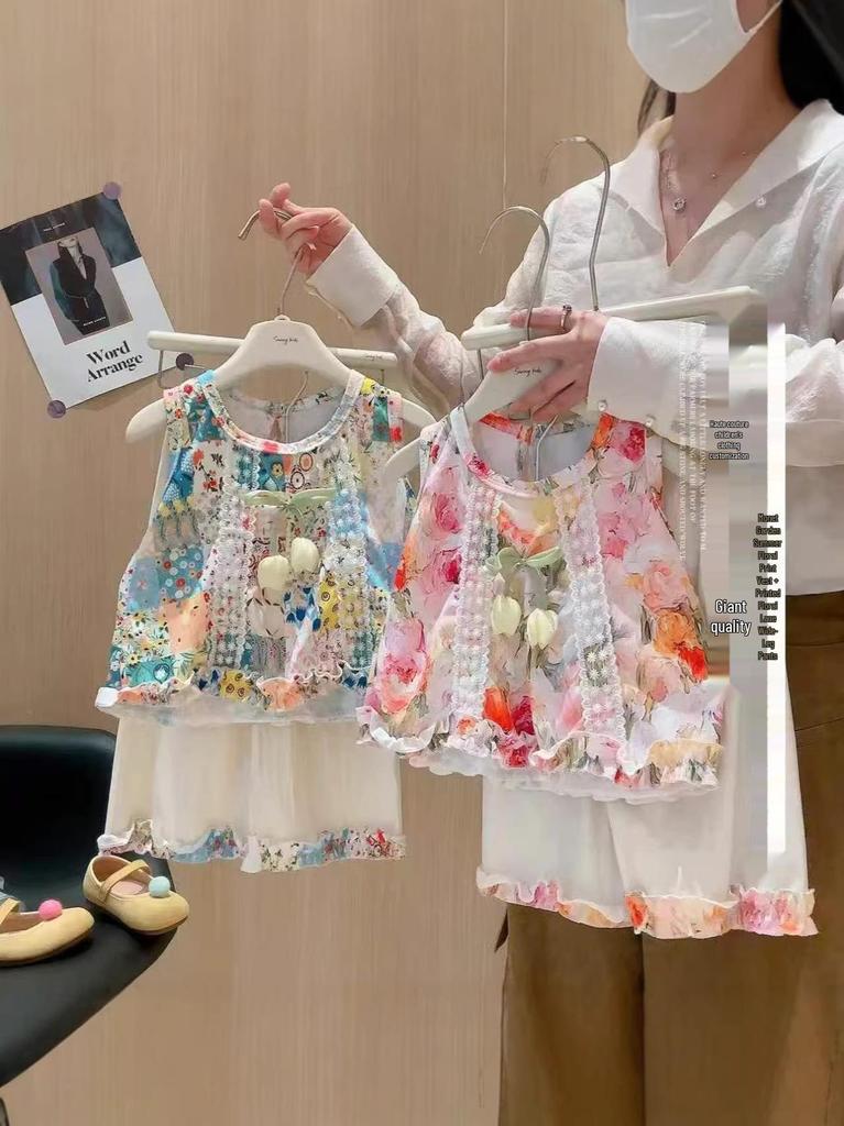 Zweiteiliges Set für Mädchen mit Blumenmuster: Monet Gartenweste & Weitbeinige Hose
