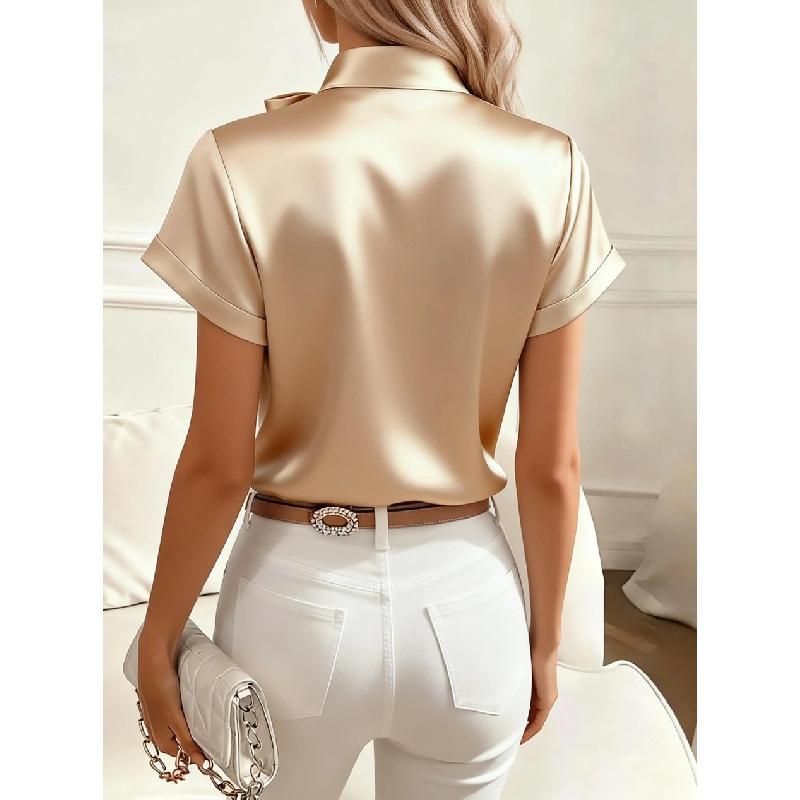 2026 Spring/Summer Solid Color Women's Short Sleeve Bow Satin Blouse Shirt Top