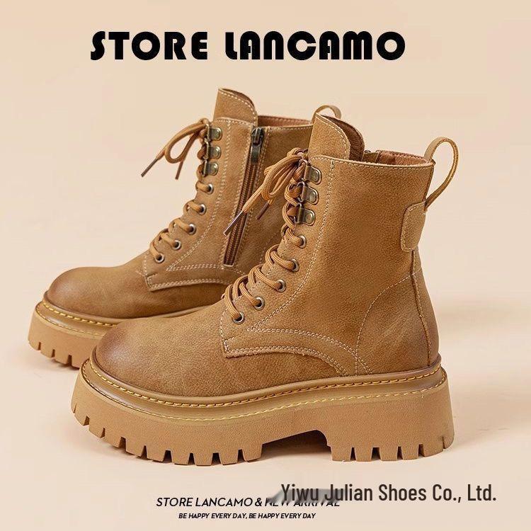 Thick-Soled 2024 Autumn/Winter Women's British Style Versatile Velvet-Lined Flat Motorcycle Boots