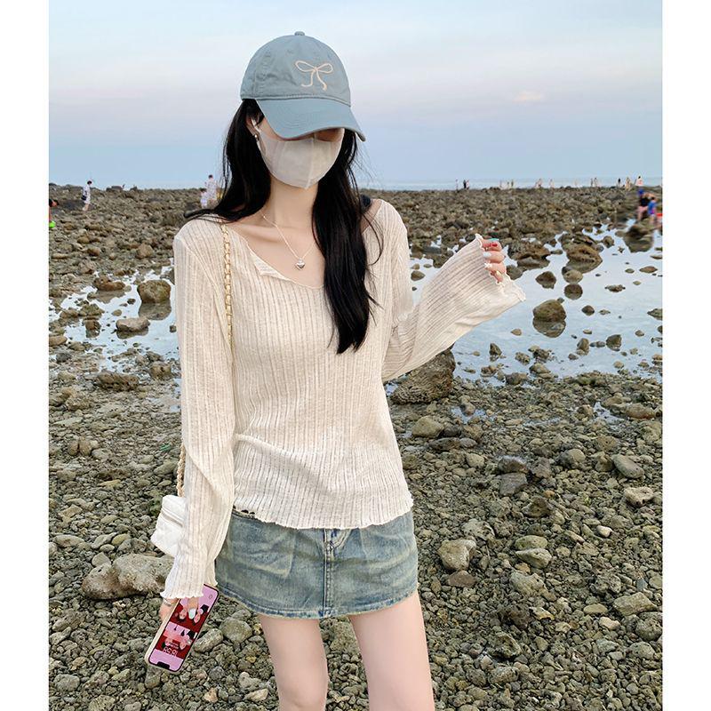 Summer Micro-Sheer Ruffle V-Neck Cardigan: Women's Long-Sleeve Loose Fit Lightweight Outerwear.