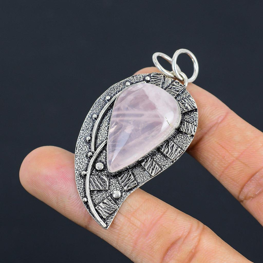 Mothers Day Deal Pear Natural Rose Quartz Handcrafted Wife Pendant 925 Silver