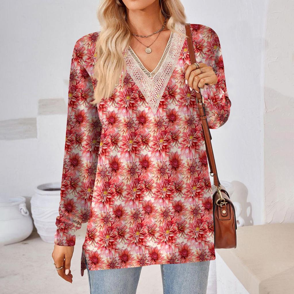 Womens Tops Loose V-neck Contrast Color Split Loose Long Sleeve T-shirt Women's Tops
