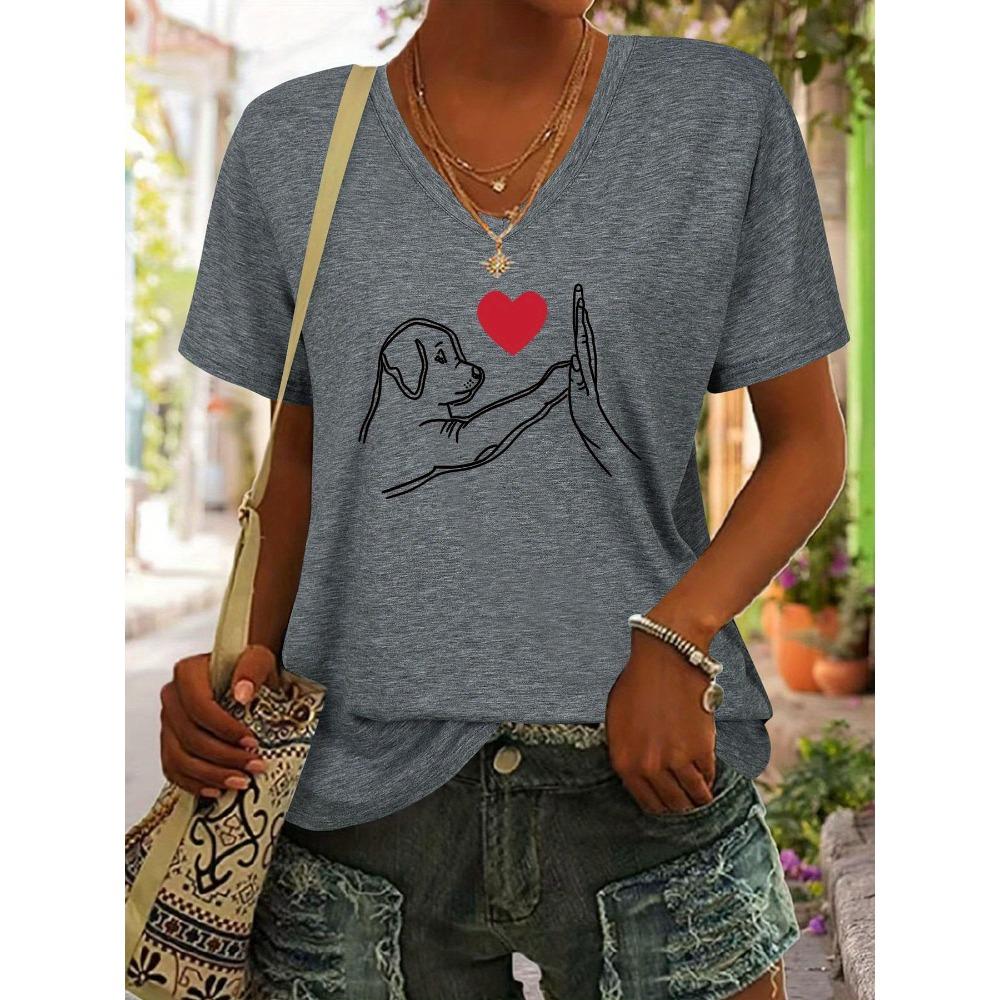 

Dog, Heart, High Five, Minimalist Line Print Women s V-neck Short-sleeve T-shirt, Soft Fabric, Women s Short-sleeve Top T52 XL