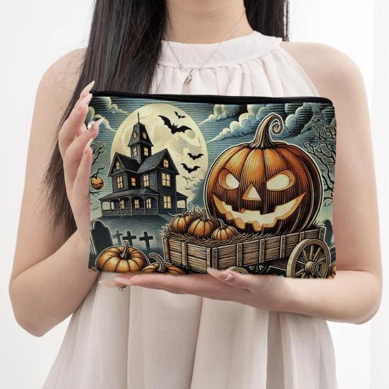 Halloween Themed Pencil Case Storage Bag Large Capacity Cosmetic with Pumpkin Smooth Zipper