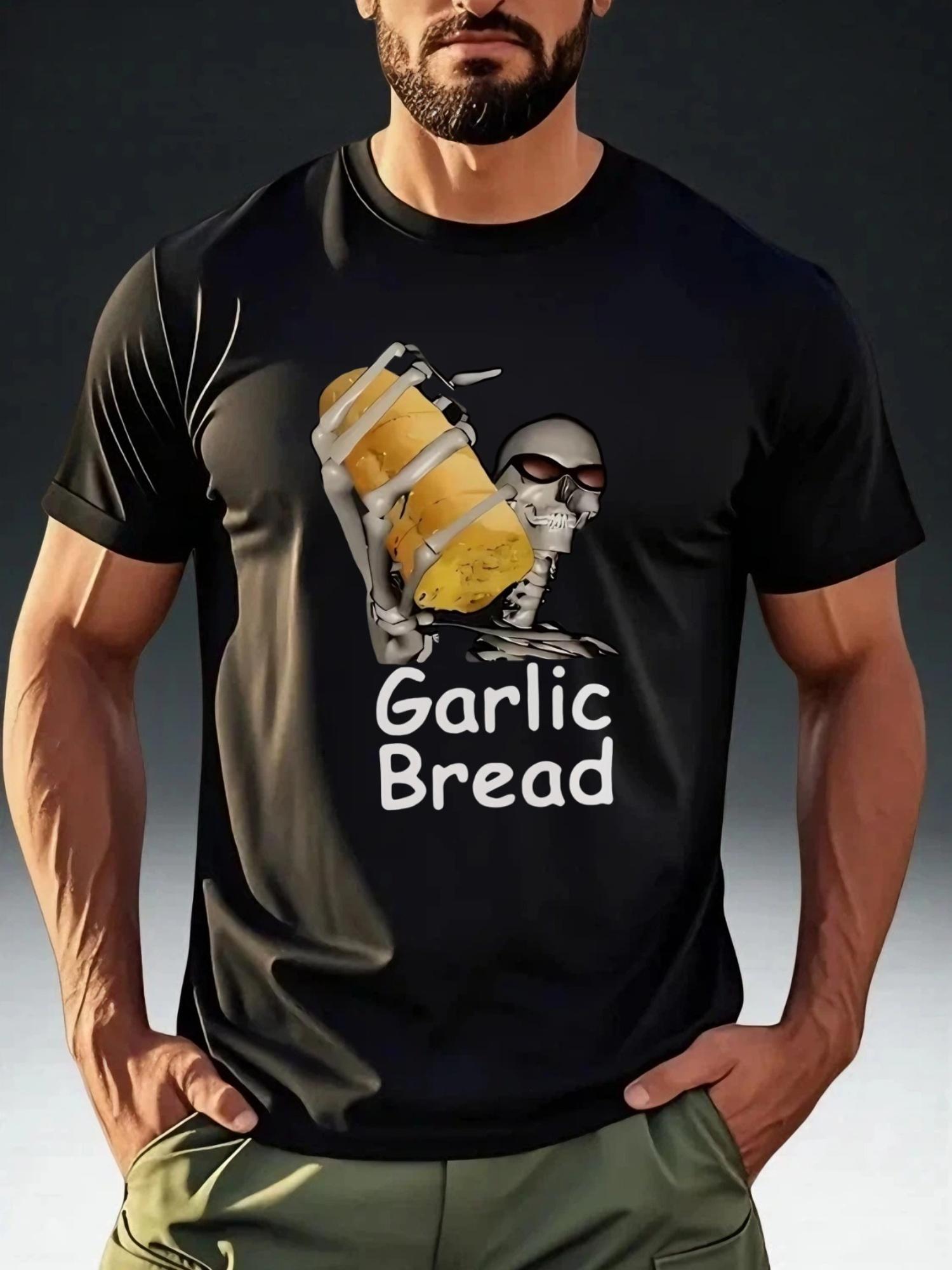 Men S Fashion T-Shirt with a Quirky Food Theme Featuring a Garlic Bread Skull Holding Garlic Bread Print S