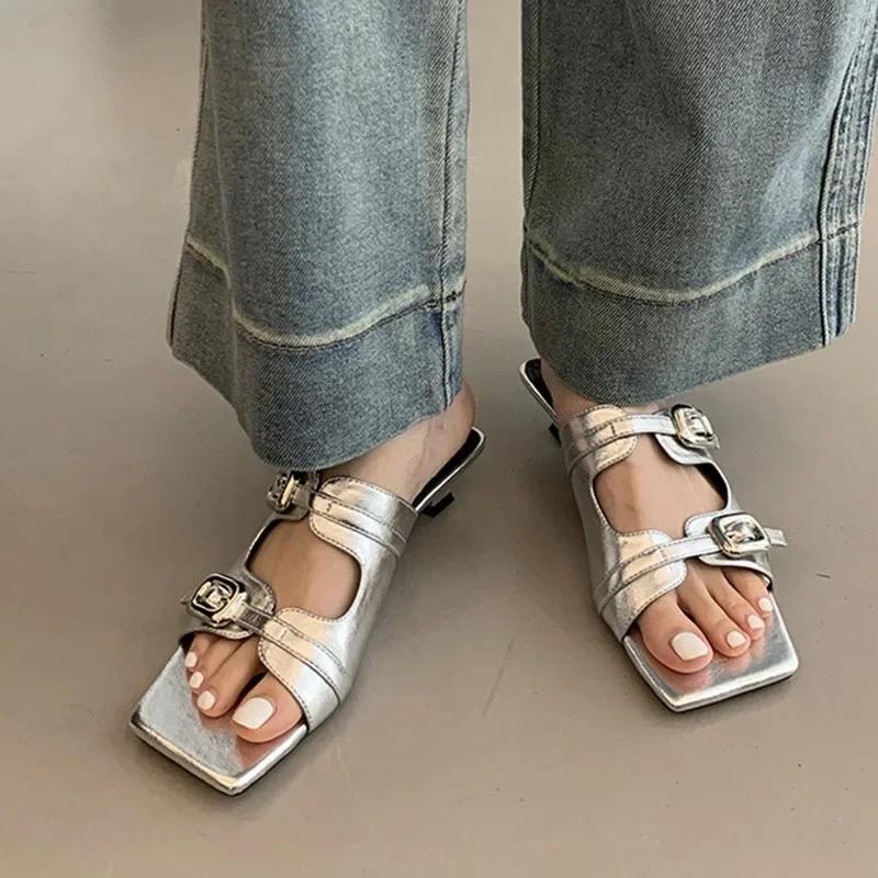 Women Summer Slippers Low Heels Shoes for Women New Square Toe Retro Metal Buckle Sandalias De Mujer Fashion Slip On Flip Flop