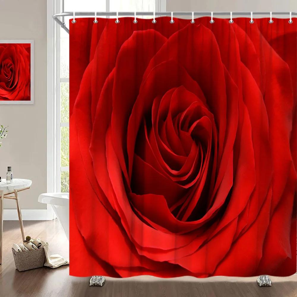 Alla hjärtans dag Duschdraperi, Rosblomma Hjärta Romantisk Växt Kärlek Läppstift Polyester Tryckt Tyg Badrumsdekoration