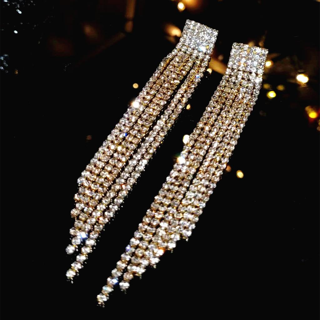 Geometric Square Shiny Rhinestone Long Fringed Earrings