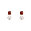 Square Wine Red Pearl Drip Earrings - French Elegance, Fashionable Geometric Ear Ornaments