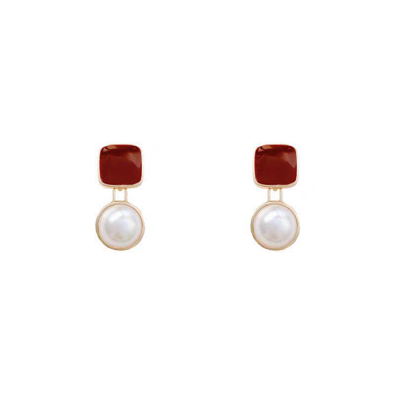 Square Wine Red Pearl Drip Earrings - French Elegance, Fashionable Geometric Ear Ornaments