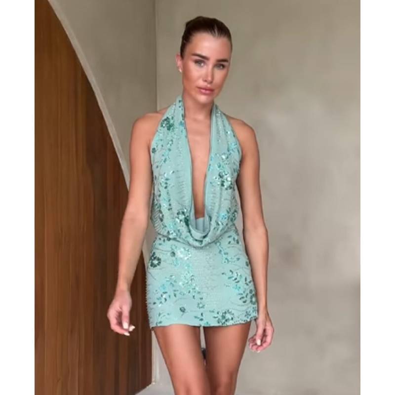 Abito Sexy Senza Maniche in Raso con Paillettes Scintillanti per Feste Estive