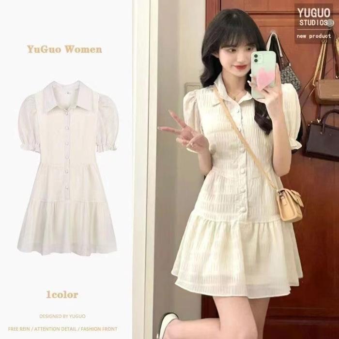 

French Korean sweet polo collar dress bubble sleeve chiffon women s summer design sense niche high waist temperament short skirt S