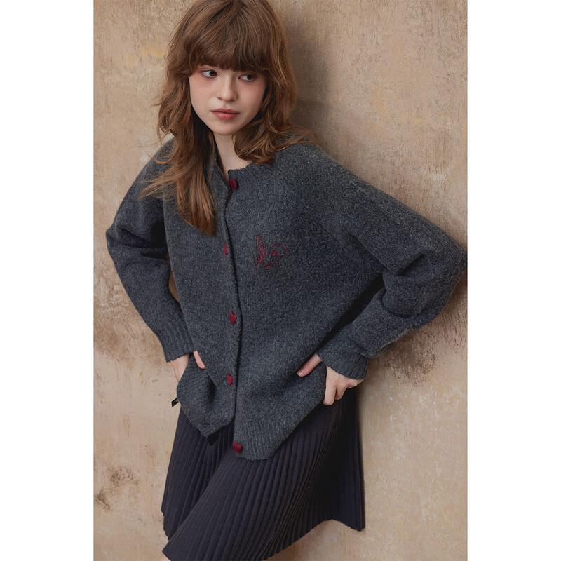 TonLion Women's Round Neck Solid Heart Button Knit Cardigan