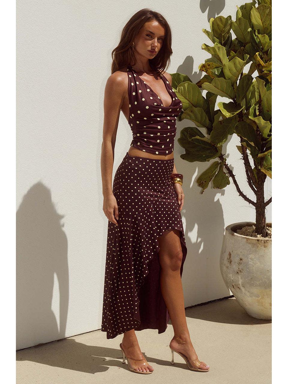 2026 European & American Sexy Polka Dot Halter Skirt Set with Lace-up Pleated Top Large коричневый