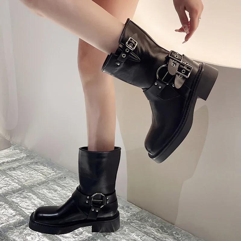 Fashion Punk Style Buckle Strap Mid-Calf Boots Women Black PU Leather Platform Western Boots Woman Big Size Square Toe Thick Heels Boots