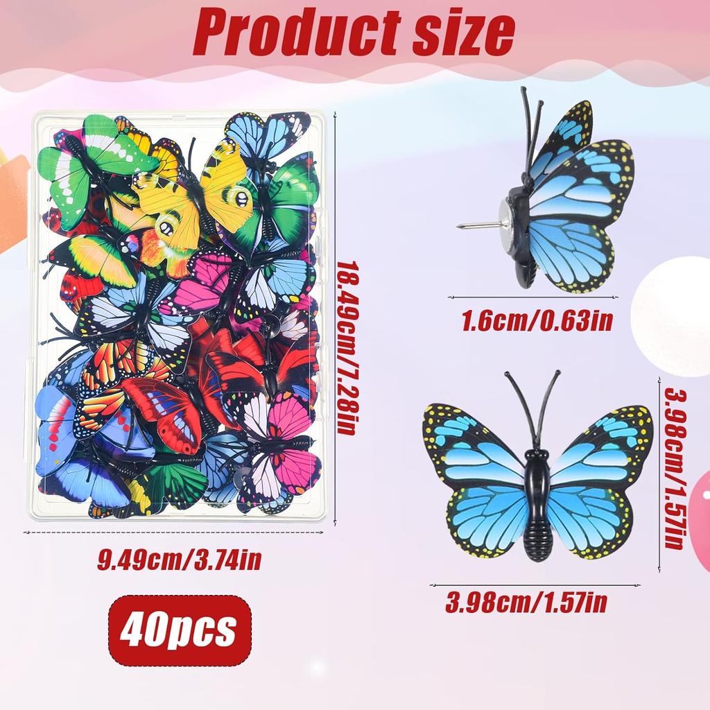 40 Packs Butterfly Push P, Butterfly Thumb Tacks Decorative Thumb Tacks Colorful Cute Push P for Photo Wall Cork Board Bulletin Board Home Office