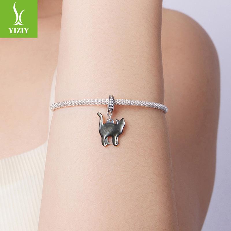 S925 Sterling Silver Fritillary Black Cat Pendant Accessories, Personalized Cat Diy Beads