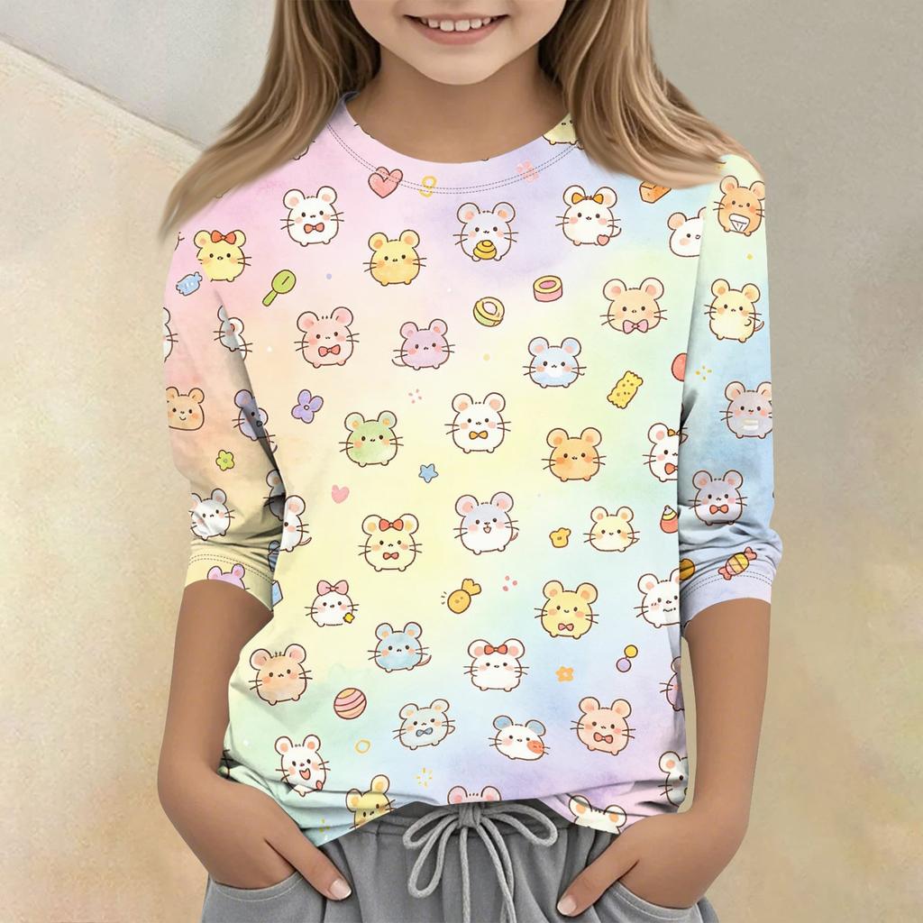 Kids Animal Print Crew Neck Three Quarter Sleeve Casual T-Shirt Soft Fabric Comfortable Fit Suitable for Everyday Wear