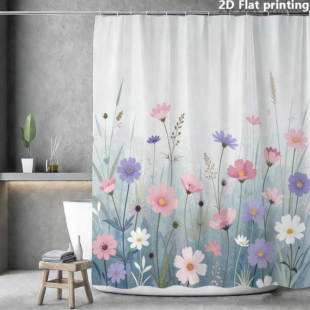 Pastel Floral Shower Curtain 1Pc Polyester 2D Flat Print 70.8X70.8 Inch Soft Watercolor Wildflowers Modern Bathroom Decor