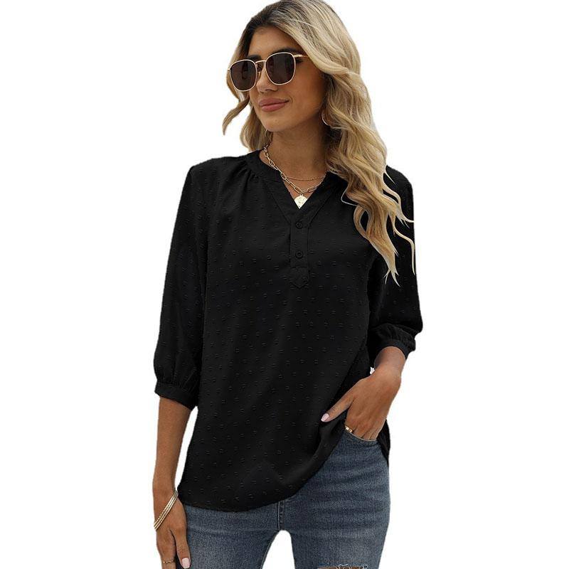 Spring and Summer Women's T-shirt Stand-up Collar Mid-sleeve Shirt Jacquard Hairball Casual Blouse Loose Top Shirt