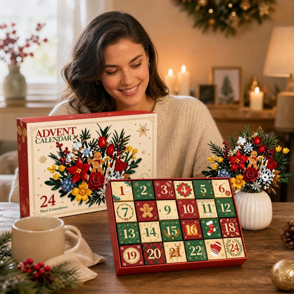 Christmas Countdown Advent Calendar with Preserved Flower Building for Holiday