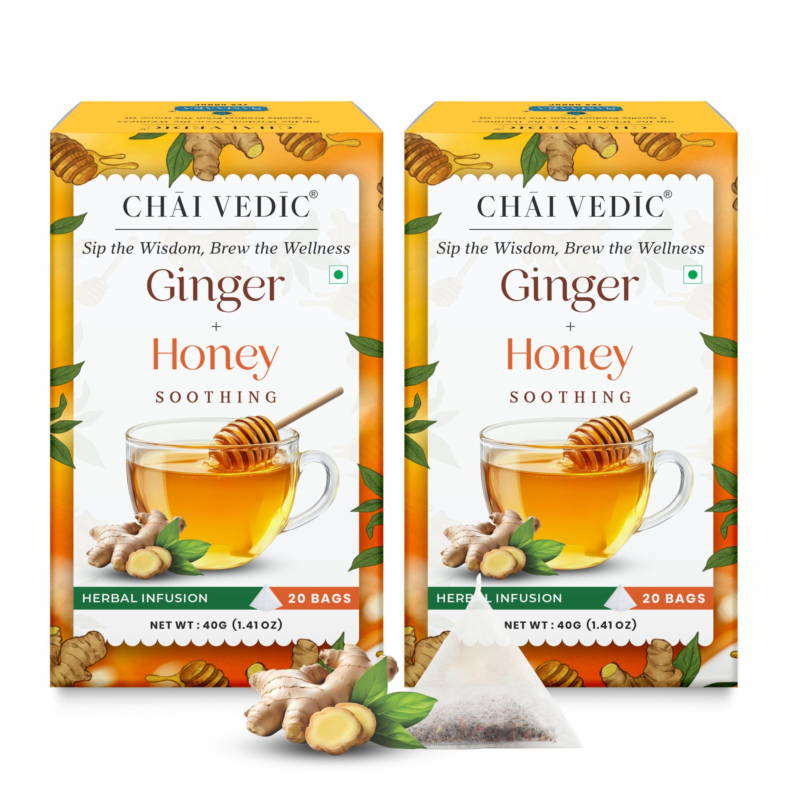 

Chai Vedic Ginger Honey Herbal Infusion Tea, Soothing Blend with Lemongrass, Licorice and Fennel, 40 Tea Bags